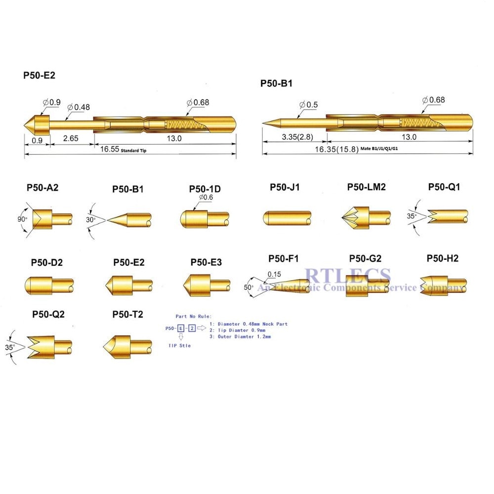 100pcs Spring Loaded Test Probe P50 Series Bare PCB Testing Pogo Pin Gold Plated Rated 3A Tip Style Choose to Order